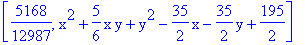 [5168/12987, x^2+5/6*x*y+y^2-35/2*x-35/2*y+195/2]